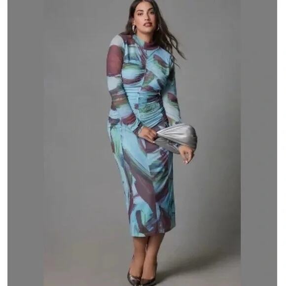 Anthropologie Dresses & Skirts - Anthropologie Printed Mesh Dress Long Sleeve Midi Bodycon Blue Brown Size M NWT